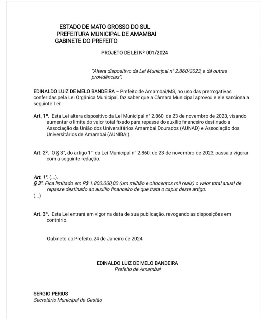 Câmara Municipal abre ano legislativo de 2024 na próxima segunda-feira em Amambai