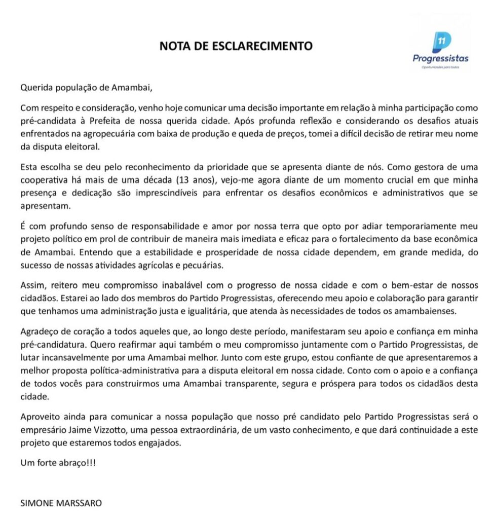 Simone Marssaro prioriza compromisso com a economia de Amambai e desiste de pleito eleitoral