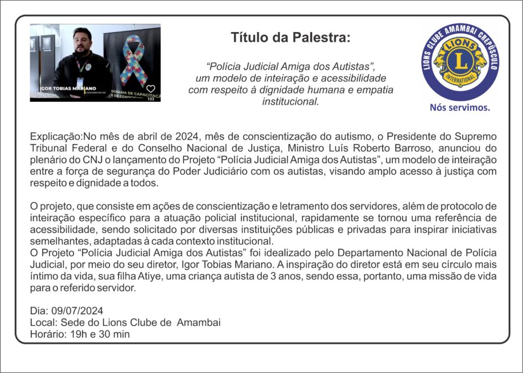 Amambai receberá palestra do projeto "Polícia Judicial Amiga dos Autistas" no dia 9 de julho