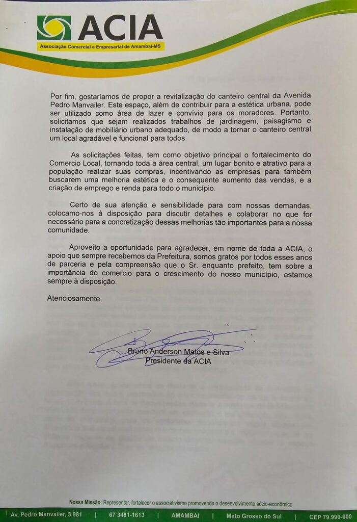 Bruno Anderson solicita ao prefeito Dr. Bandeira melhorias na Avenida Pedro Manvailer e região central de Amambai