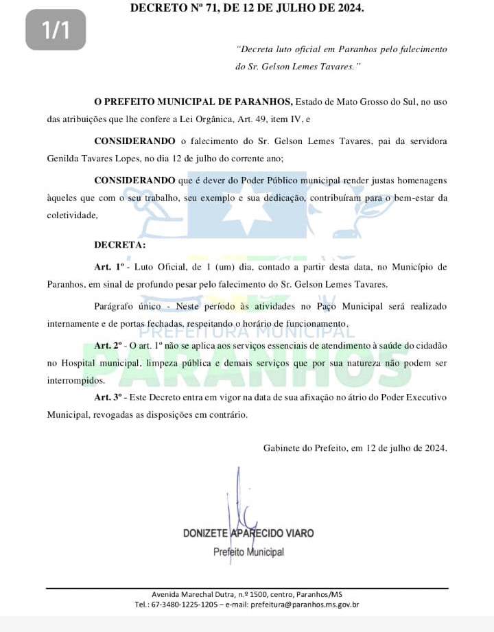 Morre aos 71 anos, o ex-vereador em Paranhos Gelson Lemes Tavares