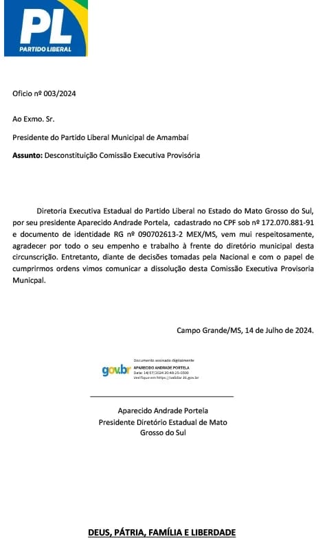 Seguindo diretriz nacional, PL dissolve diretório em Amambai e declara apoio a Janete Córdoba do PSDB