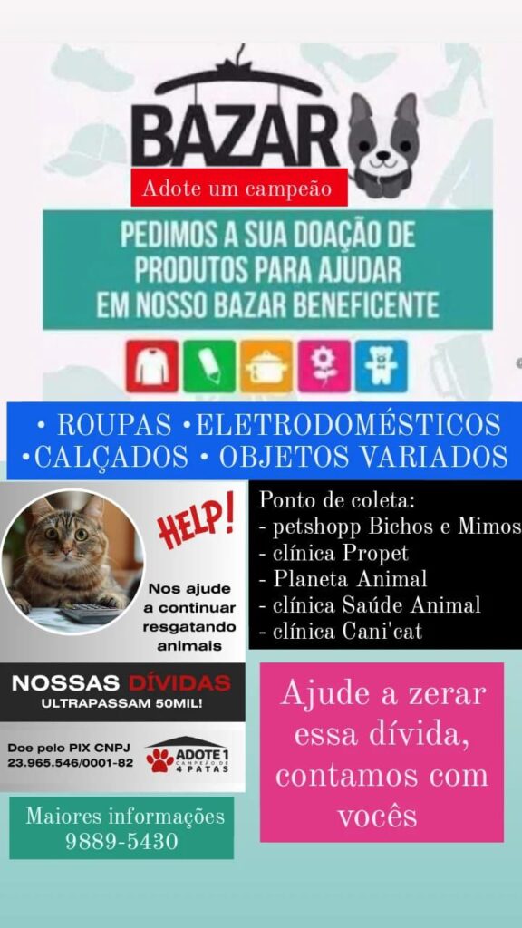 Bazar da ONG Adote um Campeão de 4 Patas começa neste sábado (3) em Amambai