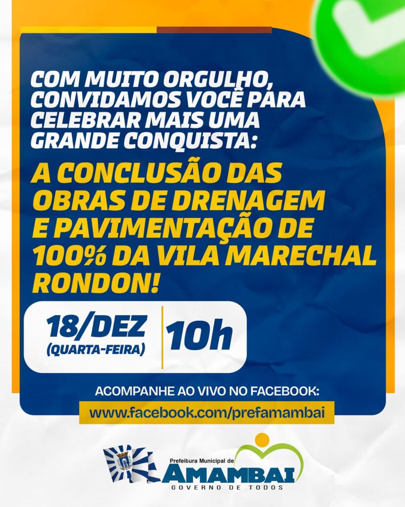 Prefeito de Amambai, Dr. Bandeira, entrega obras nesta quarta-feira (18), com mais de R$ 2,7 milhões em investimentos