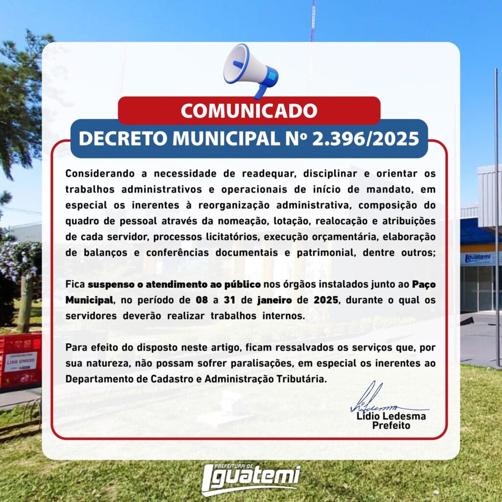 Prefeitura de Iguatemi anuncia suspensão temporária do atendimento ao público no Paço Municipal