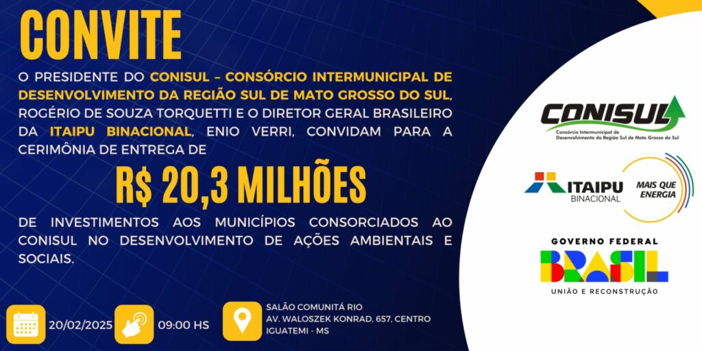 Conisul e Itaipu Binacional entregam nesta quinta R$ 20,3 milhões em investimentos em prol aos municípios consorciados