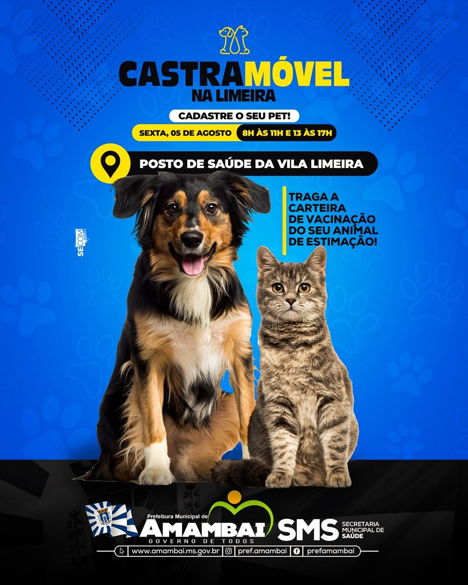 Cadastramento de animais de estimação para castração gratuita será realizada no Posto da Vila Limeira Cadastramento de animais de estimação para castração gratuita será realizada no Posto da Vila Limeira