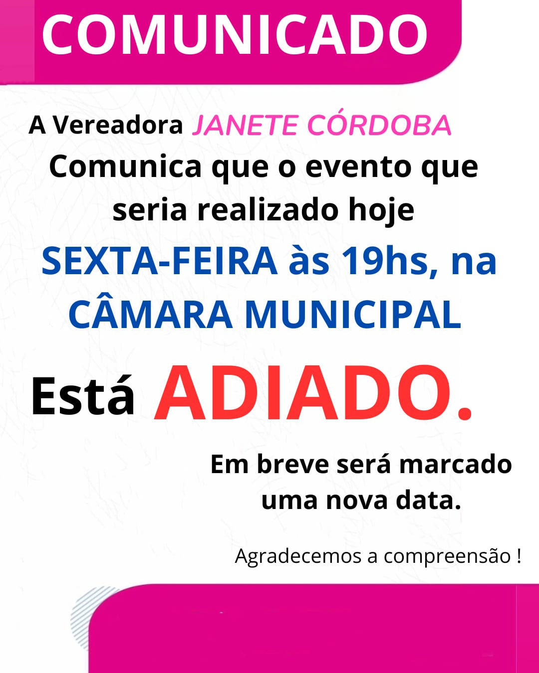Vereadora Janete Córdoba comunica adiamento de evento que seria realizado nesta sexta-feira em Amambai