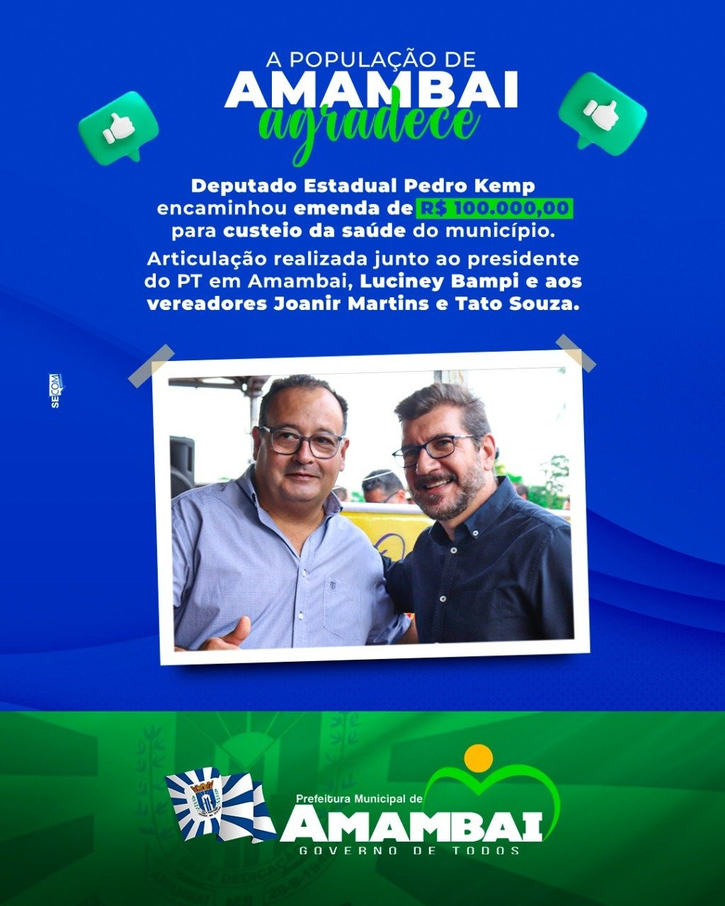 Deputado estadual Pedro Kemp destina R$ 100 mil para custeio da saúde de Amambai