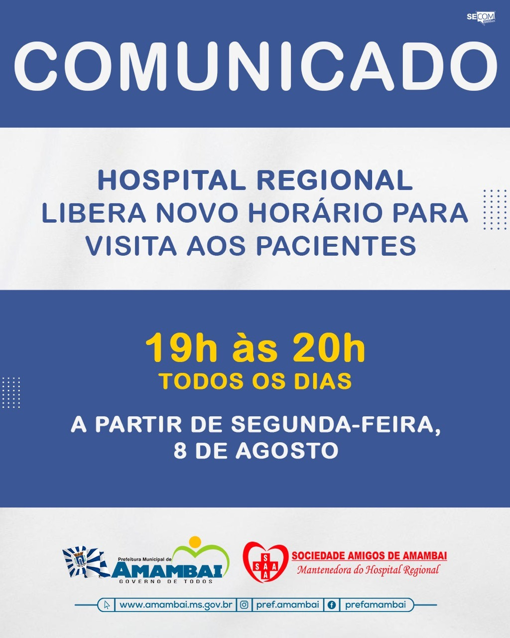 Hospital Regional de Amambai libera novo horário para visita aos pacientes da unidade Hospital Regional de Amambai libera novo horário para visita aos pacientes da unidade